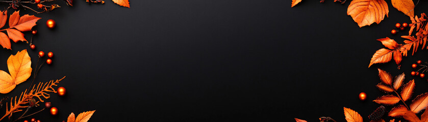 Fototapeta premium A black background with orange leaves and berries. The leaves are arranged in a circle and the berries are scattered throughout the circle