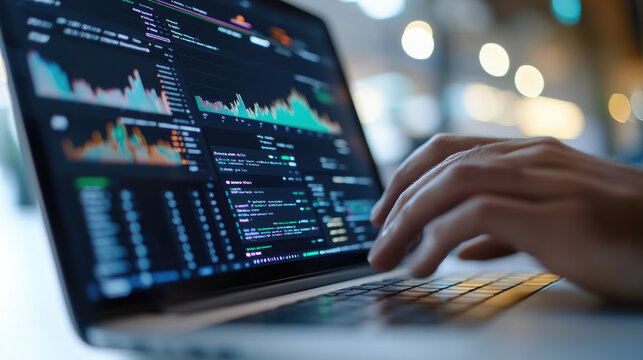 Close up of laptop screen displaying digital metrics and data analysis, with hand typing on keyboard. vibrant graphs and code create dynamic tech atmosphere