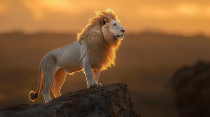 Obraz premium A majestic white lion stands on a cliff