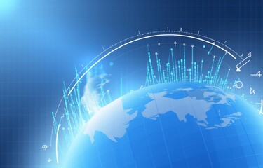 Fototapeta premium f a Growth Chart with Global Globe in Blue Theme: Symbolizing Business Progress and Uplifting Trends on a Dark Background with Clear Copy Space