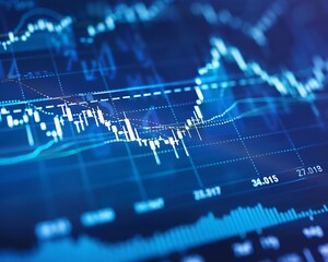 Blue stock market graph, bullish trend, candlestick details.