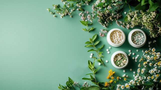 A table with homeopathic pills and fresh herbs, isolated on a green spring background with ample design space