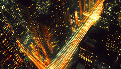 Obraz premium A bustling city at night, with skyscrapers illuminated and traffic creating streaks of light