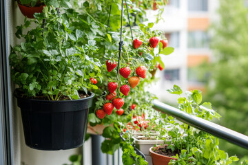 A vibrant balcony garden in a city apartment, with hanging baskets of strawberries, potted cherry tomatoes, and lush herbs, with a small compost bin and rainwater collection system.