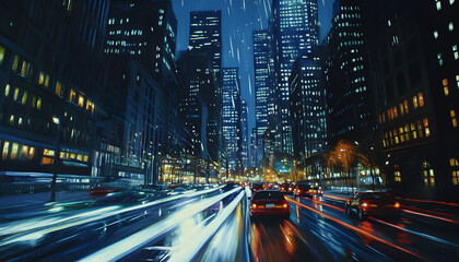 Fototapeta premium A bustling city at night, with skyscrapers illuminated and traffic creating streaks of light