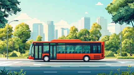 Obraz premium Public transit bus with eco-friendly signage, urban landscape, flat design illustration