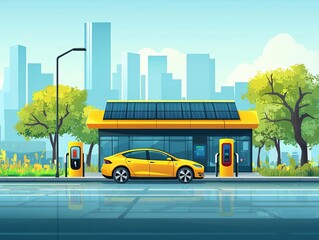 Obraz premium Solar charging stations for electric cars, urban street scene, flat design illustration