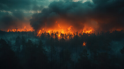 Fototapeta premium A dramatic forest landscape engulfed in flames, with thick smoke billowing into sky. intense orange glow contrasts against dark silhouettes of trees, creating powerful and alarming scene