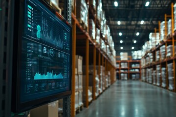 A Warehouse Employing Advanced Analytics For Inventory Management. The Digital Screen Displays Inventory Data And Insights