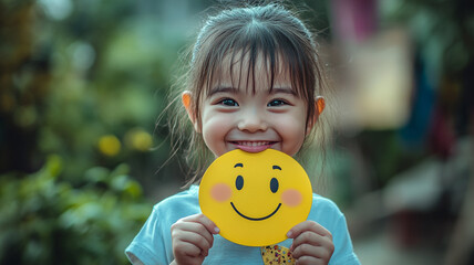 Celebrating World Smile Day with a joyful child holding a cheerful smiley face in a vibrant garden