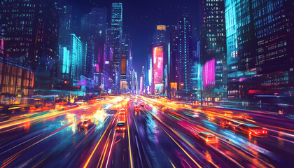 Obraz premium A bustling city at night, with skyscrapers illuminated and traffic creating streaks of light