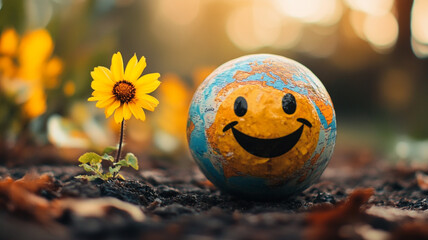 Celebrating World Smile Day with a cheerful globe and vibrant flower in a sunlit garden