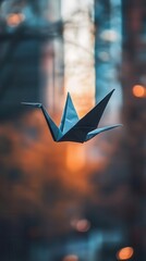 A sharp focus on a black and white origami crane in flight