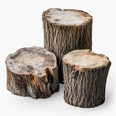 Three rustic wooden logs displayed together. Each log has a unique shape and texture. Ideal for nature-themed projects or decorative use in home and garden. AI