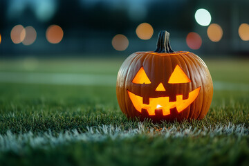 Obraz premium halloween pumpkin on grass football field