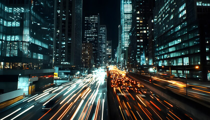 Naklejka premium A bustling city at night, with skyscrapers illuminated and traffic creating streaks of light