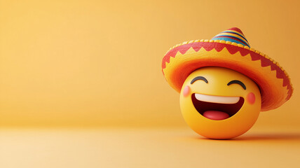 Happy emoji wearing a sombrero celebrating World Smile Day in a bright yellow background