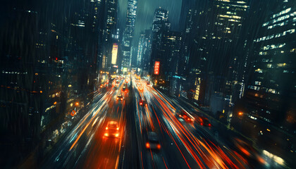 Fototapeta premium A bustling city at night, with skyscrapers illuminated and traffic creating streaks of light