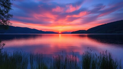 Pink Sunset Over Serene Lake with Silhouetted Mountains