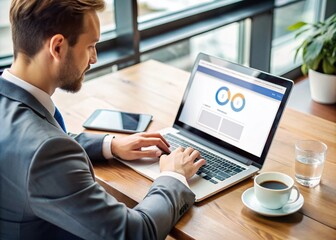 Business professional sitting at desk typing away on laptop with screen displaying search engine optimization webpage, highlighting online marketing strategies.