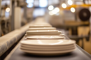 Artisan Craftsmanship: Plates Rolling on a Pottery Studio Conveyor