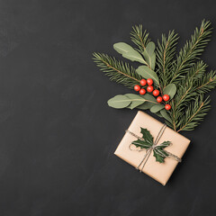 A box with a green holly leaf on top of it. The box is on a black background