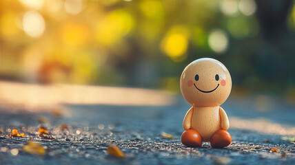 Wooden smiling figure on a sunny day celebrating World Smile Day outdoors