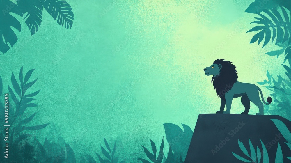 Wall mural A majestic lions silhouette graces a rock in a misty jungle, captured in vibrant digital art style.