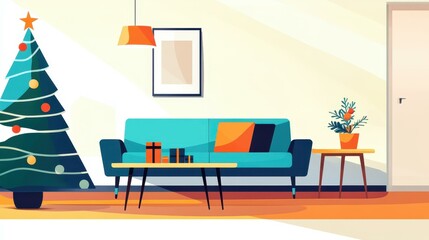 Bright and festive animation of a modern living room, adorned with Christmas decor. Perfect for holiday cheer