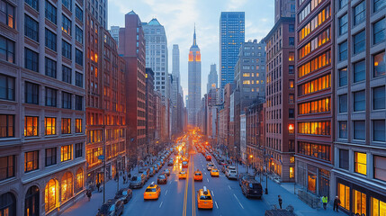 A busy city street with many cars and people walking. The street is lit up with lights, creating a warm and inviting atmosphere