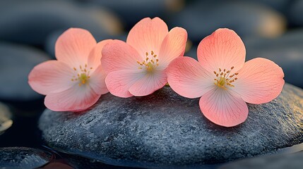 Pink flower petals on a smooth stone surface in a minimalist garden with soft sunlight, calm, relax