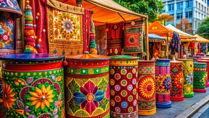 Fototapeta premium Vibrant festive atmosphere in Auckland's downtown area, colorful decorated trash cans sit beside a vibrant textile stall, celebrating Diwali with cultural flair and joy.