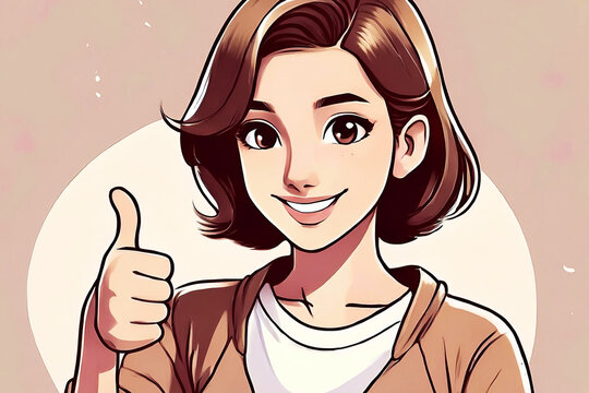 A cheerful cartoon-style illustration of a smiling woman with short brown hair giving a thumbs-up gesture against a soft beige background.
