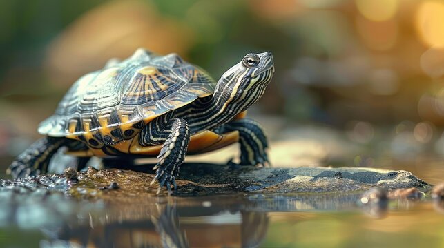 A turtle with a vibrant shell on top of a wet log, near water.