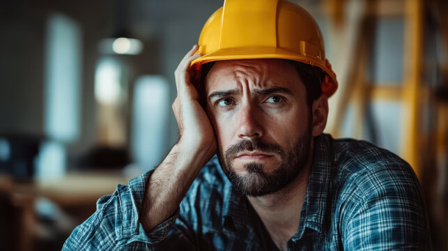 A former factory worker in hard hat sits at home, looking contemplative and concerned about his future. atmosphere reflects sense of uncertainty and introspection