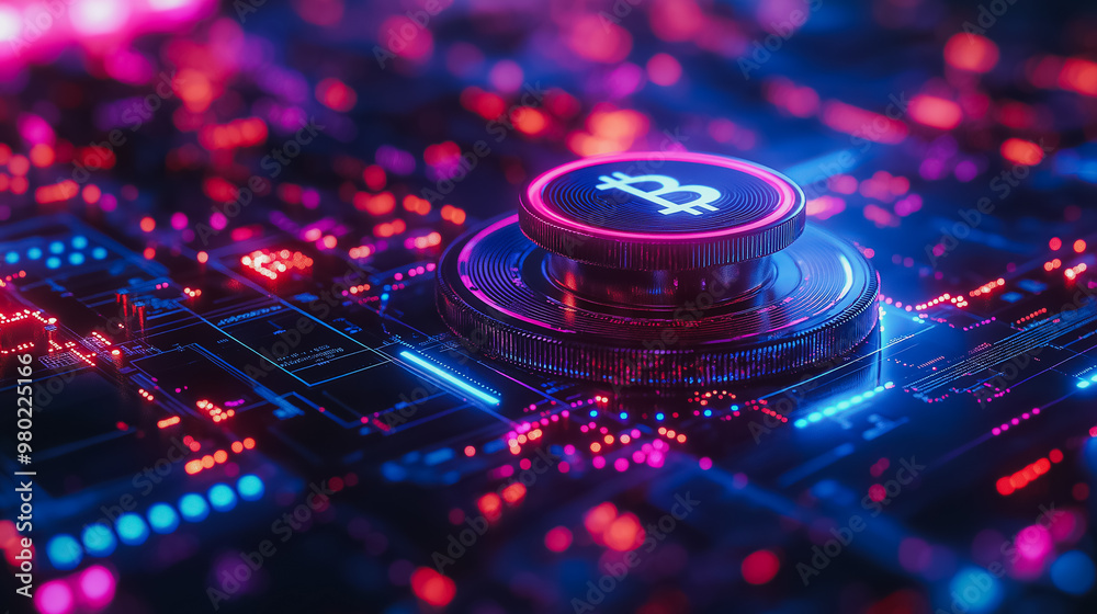 Poster a coin with a b on it is on a computer screen. the coin is surrounded by a colorful background