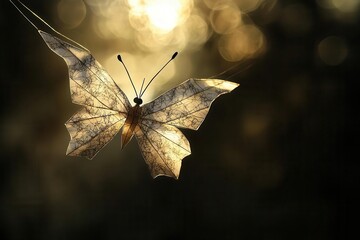 Obraz premium An intricate origami butterfly suspended in midair by a thin string, captured in motion A soft backlight creates a glowing silhouette effect, adding an ethereal feel to the scene