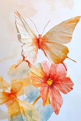 An intricate origami butterfly perched on a blooming flower, blending soft pastel watercolors and sharp paper folds, evoking beauty in simplicity