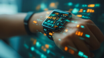 A person is wearing a smart watch that displays a lot of numbers and symbols. The watch is glowing and he is a futuristic device