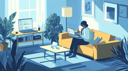 Fototapeta premium Woman Working from Home on a Sunny Day