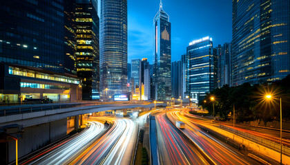 Fototapeta premium A bustling city at night, with skyscrapers illuminated and traffic creating streaks of light