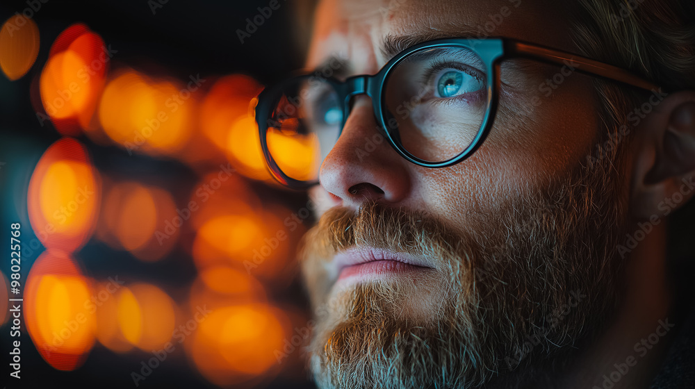 Canvas Prints A man with glasses and a beard is looking at something. The image has a blurry background and a bright orange hue