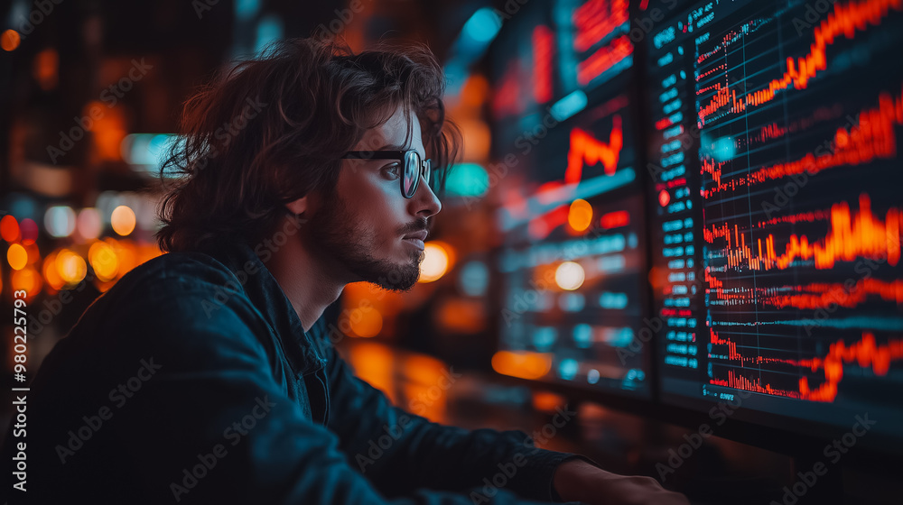 Poster a man is looking at a computer screen with a lot of numbers and graphs. he is wearing glasses and he