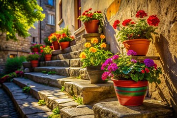 Colorful flowerpots with vibrant flowers sit atop a worn stone step, casting a warm shadow, against a rustic backdrop of historic Banska Stiavnica, Slovakia.