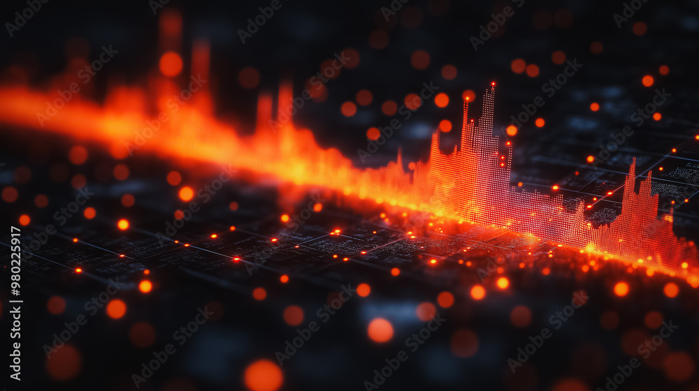 Poster a computer generated image of a red line with orange and black dots. the image has a futuristic and 