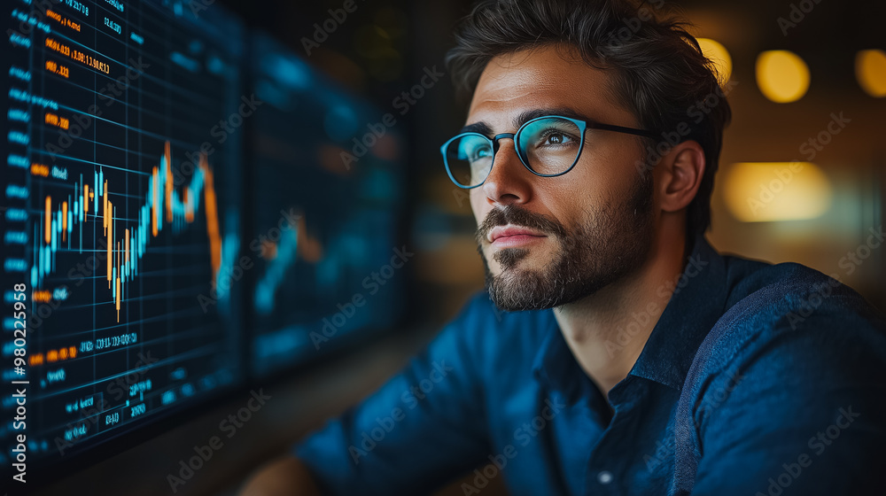 Poster a man wearing glasses is looking at a computer screen with multiple graphs. the man is focused and a