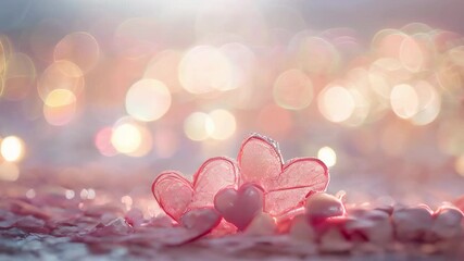 Pink heart-shaped decorations with a glowing bokeh background, creating a romantic and dreamy atmosphere.