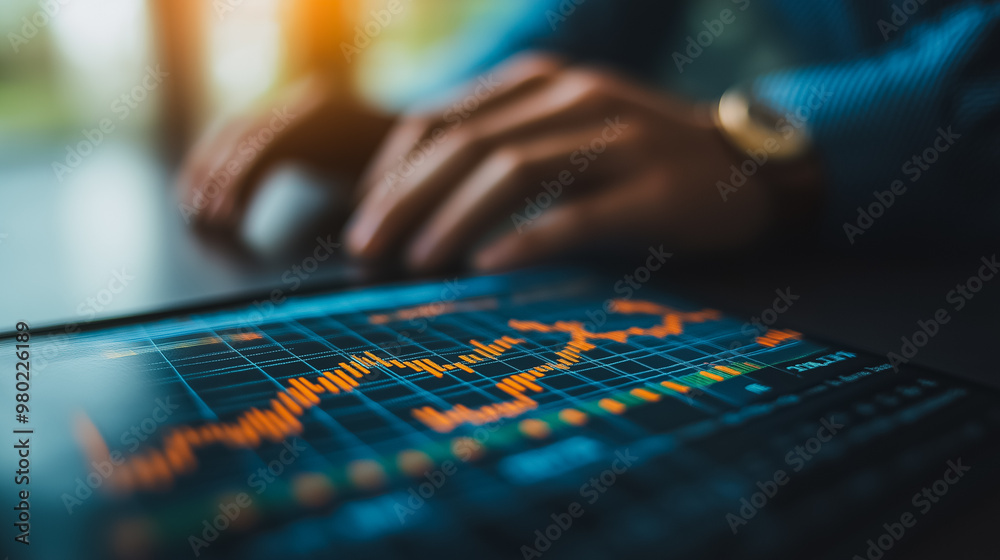 Poster a person is typing on a computer with a screen displaying a graph. the graph shows a downward trend,