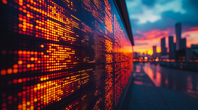 A large screen with many orange dots on it. The dots are arranged in a grid and are lit up. Concept of urgency and importance