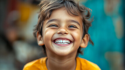 A joyful child celebrates World Smile Day with a big smile in a vibrant outdoor setting